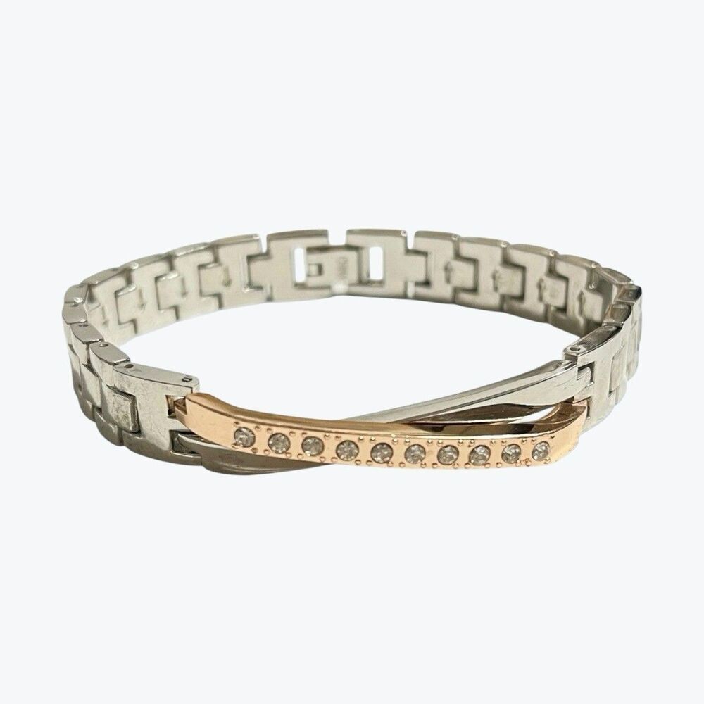 Criss Cross Watch Band Bracelet Mixed Metal Silver Tone Rhinestone Accent Unique